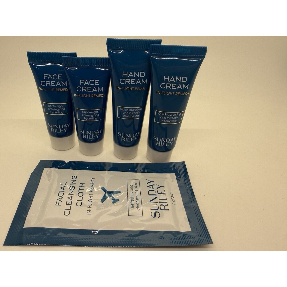 5 Sunday Riley In-Flight Remedy Face Cream 2, Hand Cream 2, Cleansing Cloth New